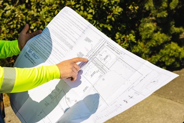 Man holding a blueprint and pointing to a specific section.