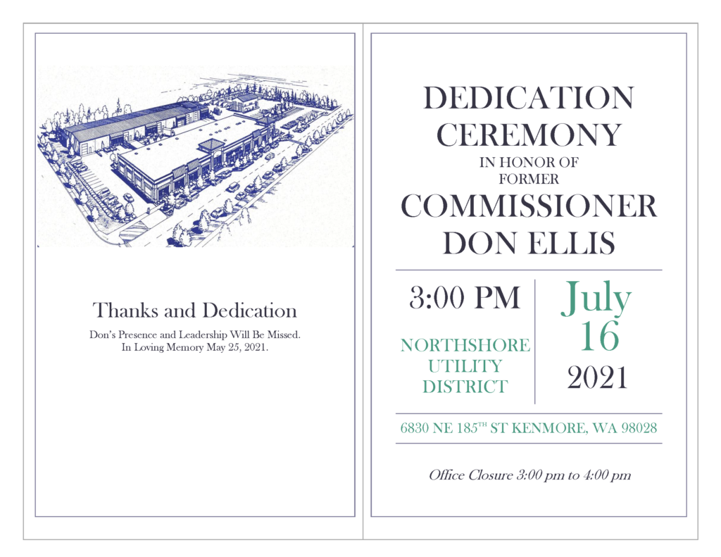 Page one of the July 16, 2021 3:00 p.m. dedication flier for Former District Commissioner Don Ellis.