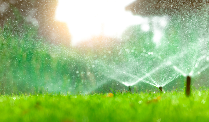 Sprinklers watering green grass, offering savvy gardening insights, with a blurred sunny background.