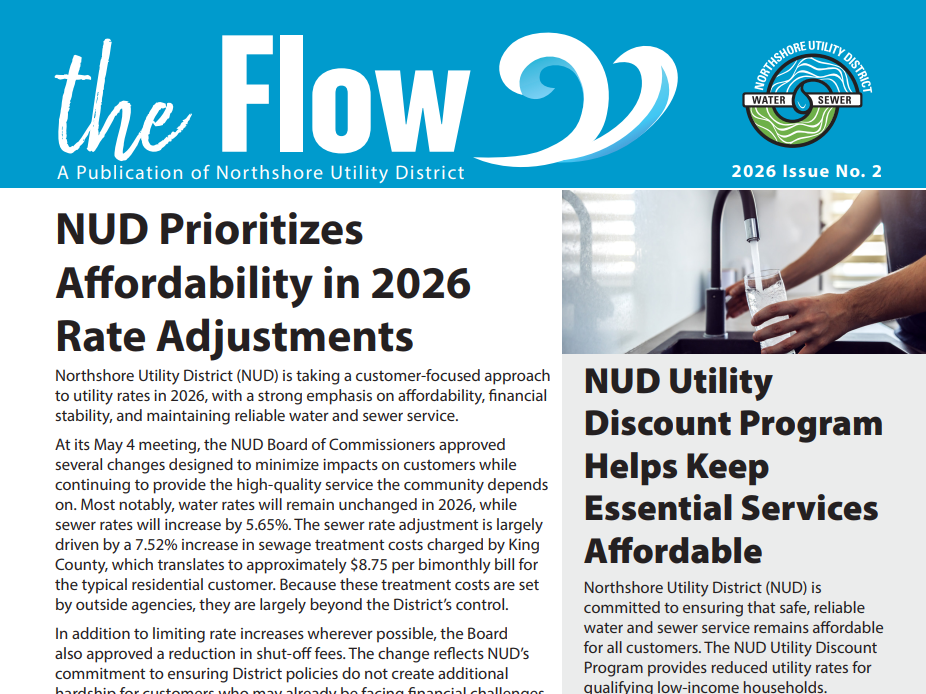Front page of Flow Summer 2026, the Northshore Utility District publication, discussing 2026 rate adjustments, affordability initiatives, and a utility discount program.